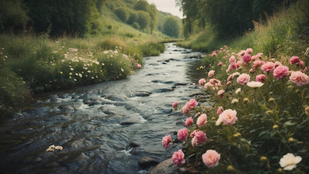 River in forest with beautiful blooming flowers.の素材