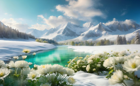 A spring winter and snow landscape with green glass and flowers.の素材