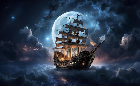 Pirate ship flying through the clouds in the night sky.の素材