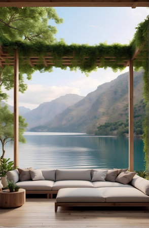 Comfort sofa with lake and mountains background.の素材
