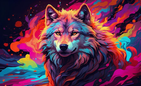 A colorful long haired Wolf illustration.の素材