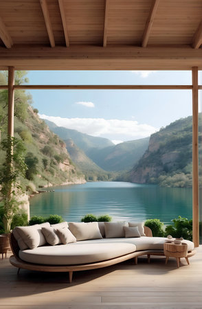 Comfort sofa with lake and mountains background.の素材