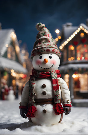 Cute snow man with Christmas village background.の素材