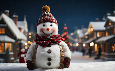 Cute snow man with Christmas village background.の素材