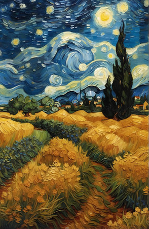 A wheatfield with cypress trees under The Starry Night.の素材