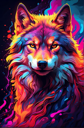 A colorful long haired Wolf illustration.の素材