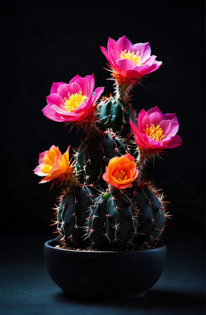 A small cactus with blooming flowers on dark background.aの素材