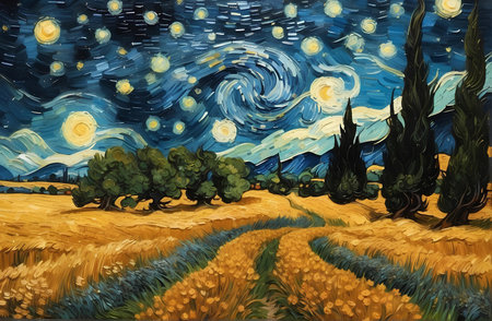 A wheatfield with cypress trees under The Starry Night.の素材