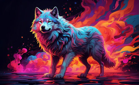 A colorful long haired Wolf illustration.の素材