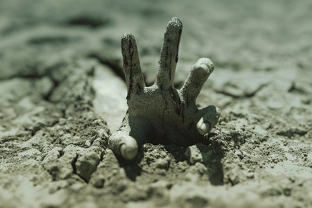 An isolated 3D render of a mysterious hand reaching out from the groundの素材