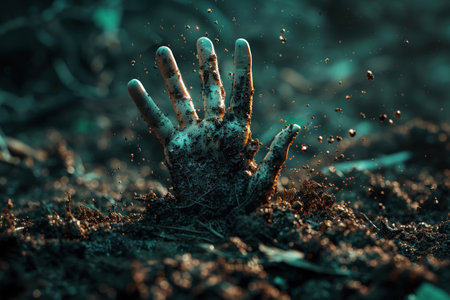 An eerie 3D render of a hand emerging from the soil with a mysterious object in its graspの素材