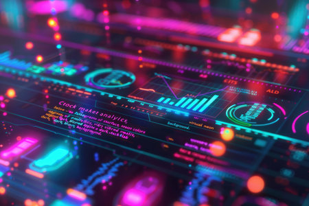 Close-up of a vibrant, illuminated circuit board, highlighting technology and futuristic computing concepts.の素材