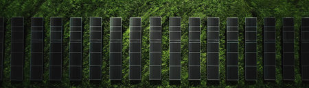 A Rows of black solar panels are installed on the green grass.の素材