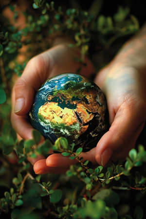 Close-up of a hand cradling a small globe, greenery flourishing around, symbol of care.の素材