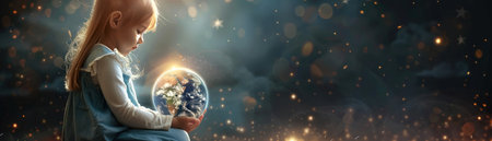 A little child girl sitting and holding planet of Earth.の素材