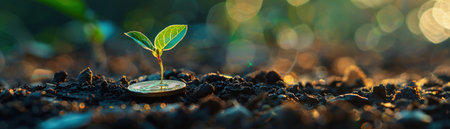 A seedling is growing on a coin lying on the ground. Green investment concept ,Rising money to invest.の素材