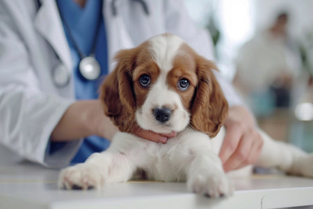 A pet examining dog Puppy at veterinarian doctor Animal clinic Pet check up and vaccination Health care.の素材