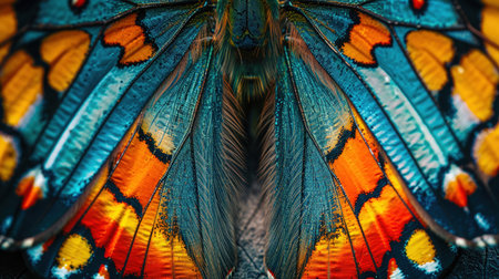 A Close up of the symmetrical patterns and vibrant colors on the wings of butterfly.の素材