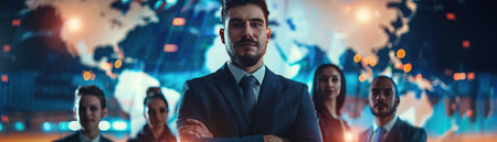 A confident male business leader stands with crossed arms in front of a diverse team, with a glowing world map as a backdrop.の素材