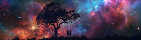 A digital art fantasy scene featuring a silhouette of a tree and two figures under a colorful cosmic sky with nebula and of stars.の素材