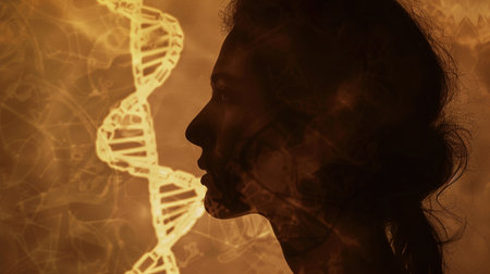 A contemplative woman profile with a translucent DNA helix, symbolizing the intersection of humanity and genetic science.の素材