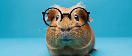 A Humorous image of a cute guinea pig wearing scientist attire with round glasses against a blue background.の素材