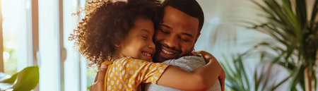A father and daughter hug in the home for love, trust or bonding together in their home.の素材