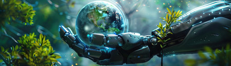 A Future tech robot hand hold a beautiful earth with green plants and nature background.の素材