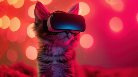 A Kitten with a virtual reality headset with beautiful red backdrop.の素材