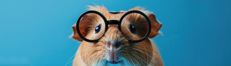 A Humorous image of a cute guinea pig wearing scientist attire with round glasses against a blue background.の素材
