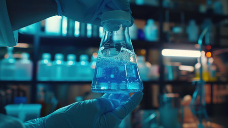 A gloved hand holds a flask containing a bubbling blue liquid in a modern laboratory.の素材