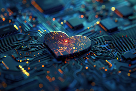 A Heart shaped computer chip on dark blue background.Future technology concept.の素材