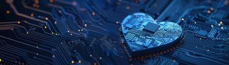 A Heart shaped computer chip on dark blue background.Future technology concept.の素材