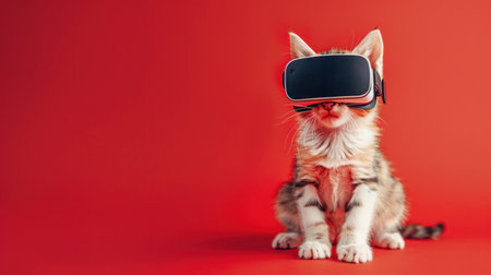A Kitten with a virtual reality headset with beautiful red backdrop.の素材