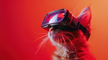 A Kitten with a virtual reality headset with beautiful red backdrop.の素材