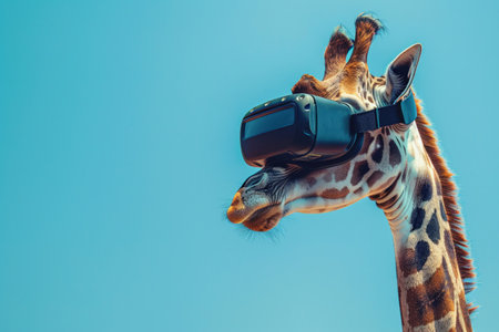 A giraffe with a virtual reality headset with beautiful blue backdrop.の素材