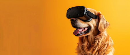 A golden retriever with a virtual reality headset with beautiful orange backdrop.の素材