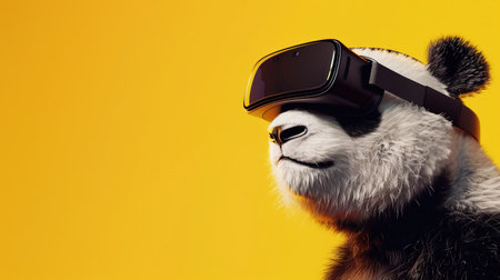 A Panda with a virtual reality headset with beautiful yellow backdrop.の素材