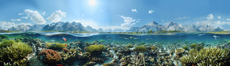 A Panoramic split view showcasing both underwater ecosystem and surface scenery with mountains and clear blue sky.の素材