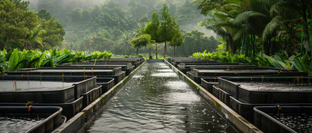 An Aquaculture Farm modern aquaculture farm with rows of fish tanks or ponds, surrounded by lush greenery.の素材
