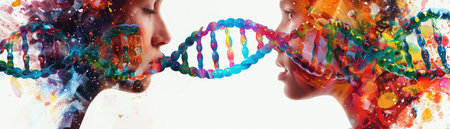 An artistic representation shows two human profiles interwoven with a vibrant DNA double helix structure.の素材