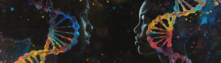An artistic representation shows two human profiles interwoven with a vibrant DNA double helix structure.の素材