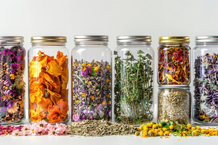 An Assorted glass jars filled with vibrant dried flowers, herbs, and fruits displayed against a clean white background.の素材