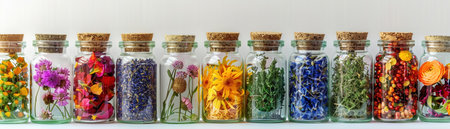 An Assorted glass jars filled with vibrant dried flowers, herbs, and fruits displayed against a clean white background.の素材