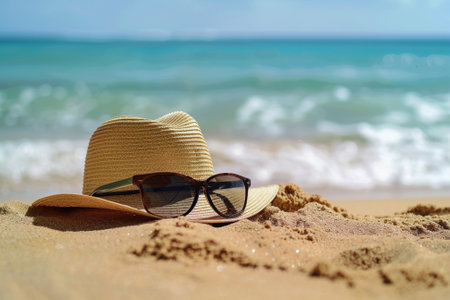 A A hat and sunglasses rest on the sandy shore, capturing the essence of a perfect sunny day at the beach with gentle waves in the background.の素材