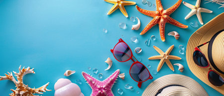 A A colorful display of beach vacation essentials including starfish, sunglasses, and hats, all laid out on a vibrant blue background.の素材