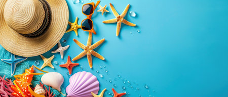 A A colorful display of beach vacation essentials including starfish, sunglasses, and hats, all laid out on a vibrant blue background.の素材