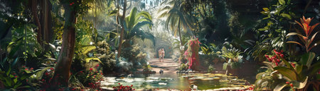 A Adam and Eve in the garden of Eden very beautiful garden with plants and flowers.の素材