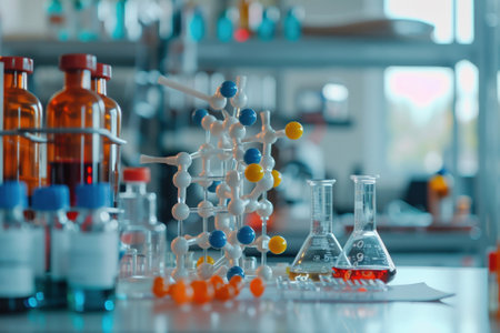A Close-up view of drug development process, detailed molecular models, scientific instruments, copy space.の素材