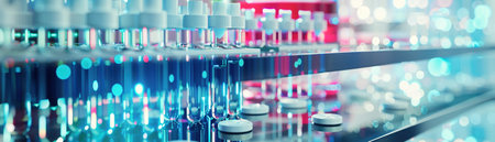 A Clinical trial phases visualized through digital models, medication samples in focus, laboratory setting.の素材